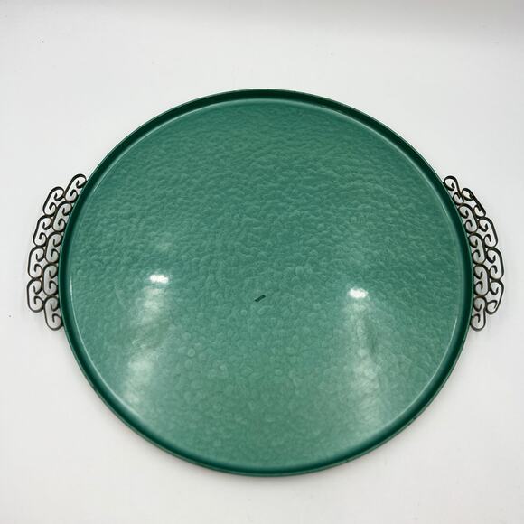 Hollywood Regency Enameled Finish Round Tray by Moire Glaze Kyes Green Vintage - Picture 2 of 9